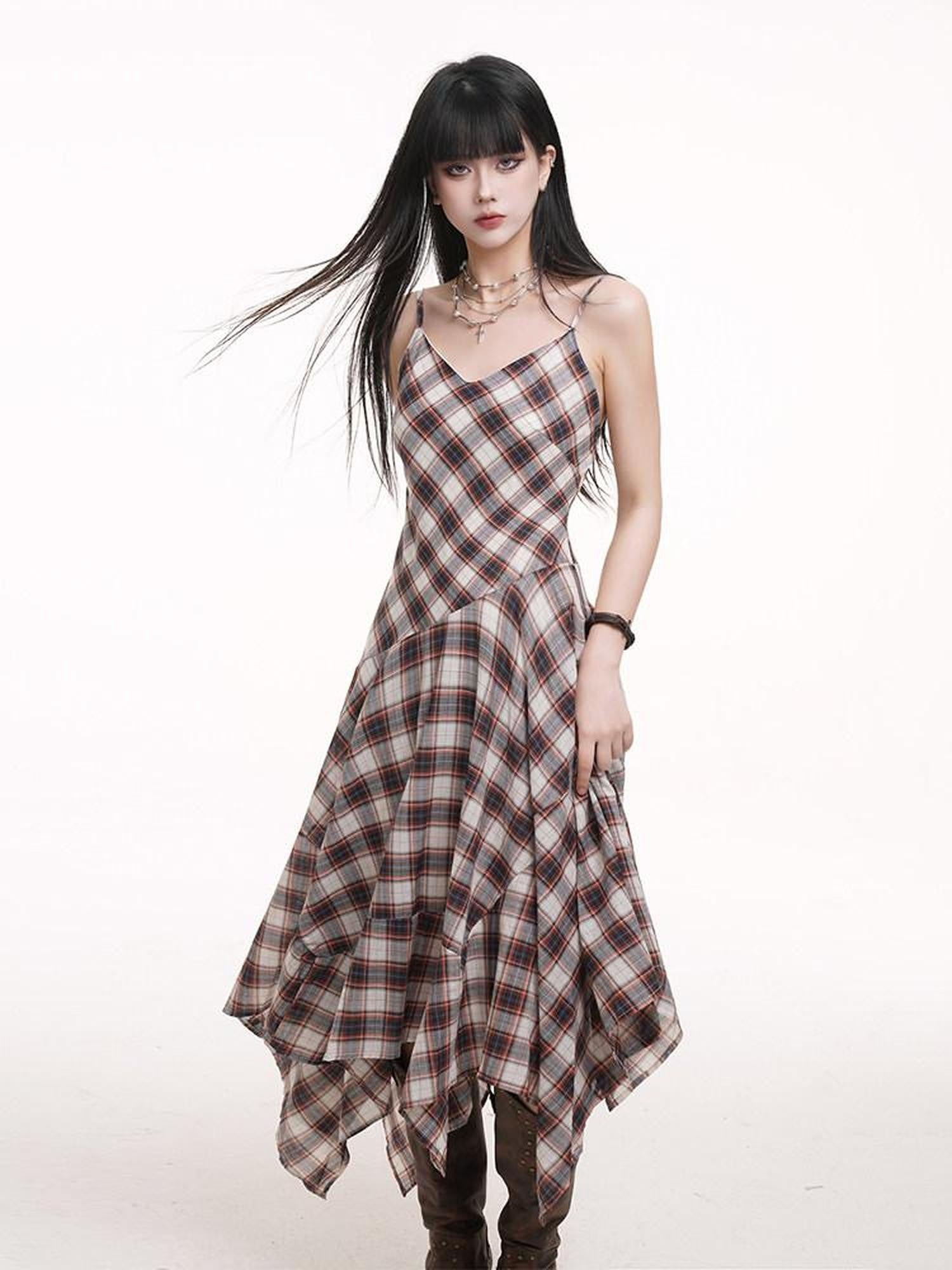LADYGHOST Ethereal Checked Asymmetrical Hem Spaghetti Strap Women&