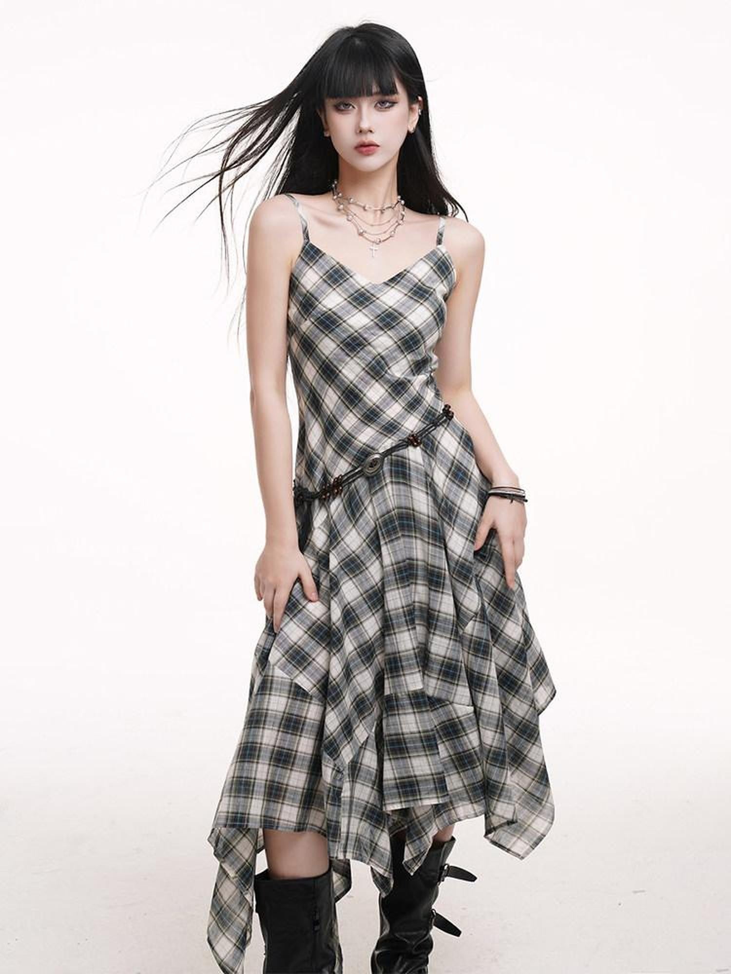 LADYGHOST Ethereal Checked Asymmetrical Hem Spaghetti Strap Women&