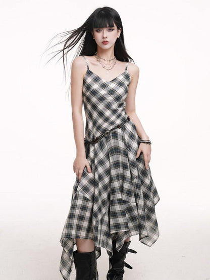LADYGHOST Ethereal Checked Asymmetrical Hem Spaghetti Strap Women&