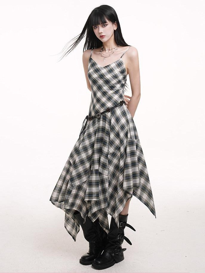 LADYGHOST Ethereal Checked Asymmetrical Hem Spaghetti Strap Women&