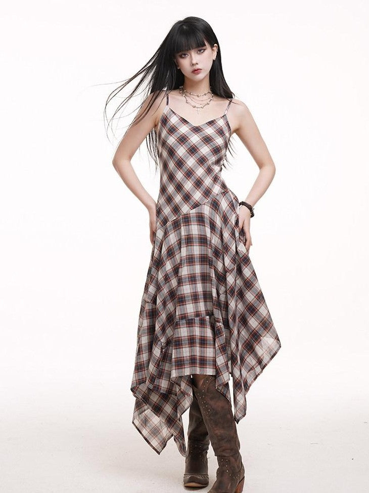 LADYGHOST Ethereal Checked Asymmetrical Hem Spaghetti Strap Women&