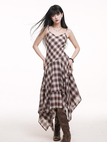 LADYGHOST Ethereal Checked Asymmetrical Hem Spaghetti Strap Women&