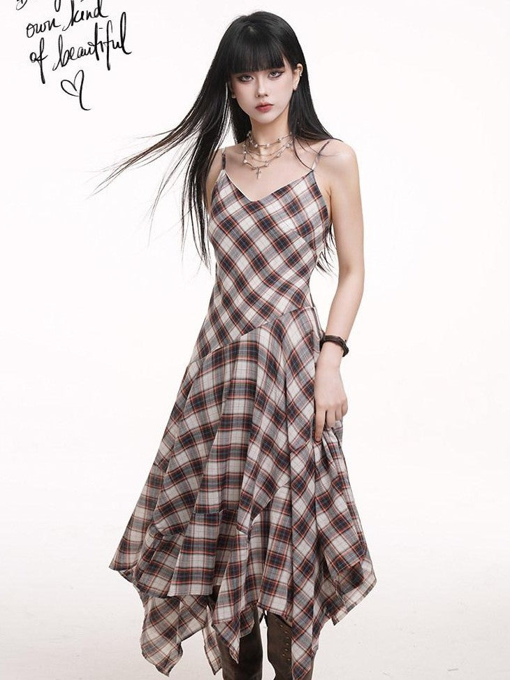 LADYGHOST Ethereal Checked Asymmetrical Hem Spaghetti Strap Women&