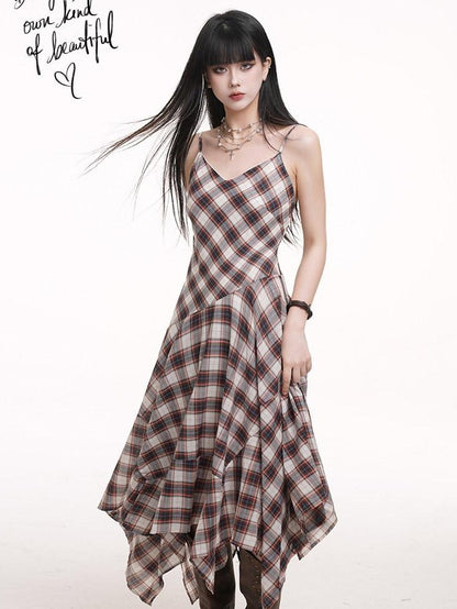 LADYGHOST Ethereal Checked Asymmetrical Hem Spaghetti Strap Women&