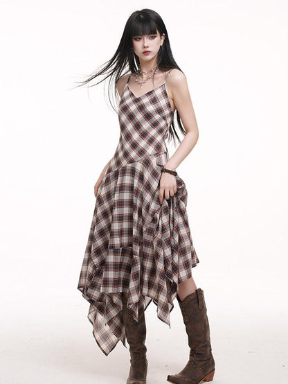 LADYGHOST Ethereal Checked Asymmetrical Hem Spaghetti Strap Women&