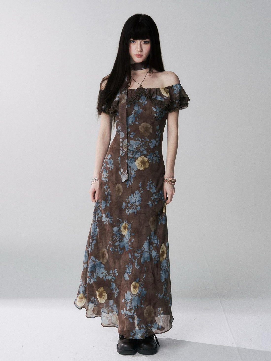 LADYGHOST Ethereal Coffee Floral Off Shoulder Women&