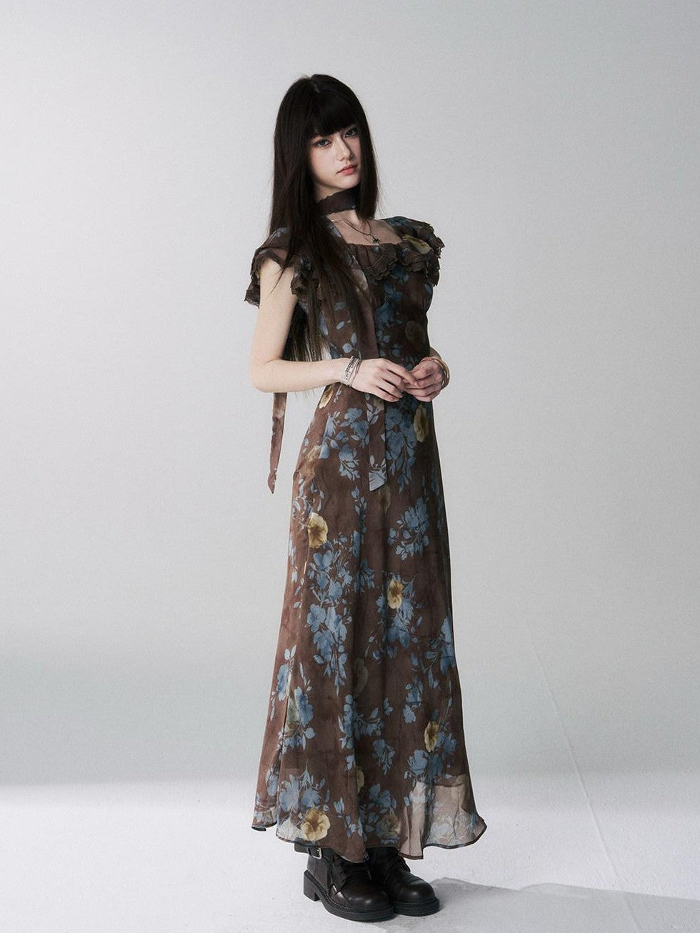 LADYGHOST Ethereal Coffee Floral Off Shoulder Women&