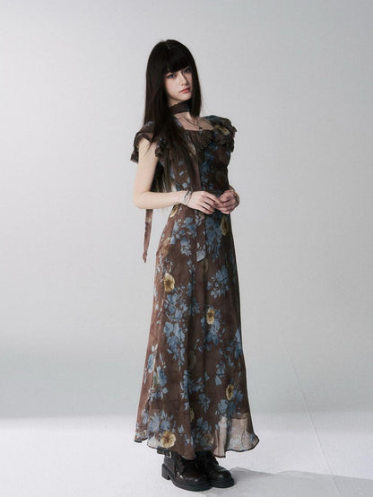LADYGHOST Ethereal Coffee Floral Off Shoulder Women&