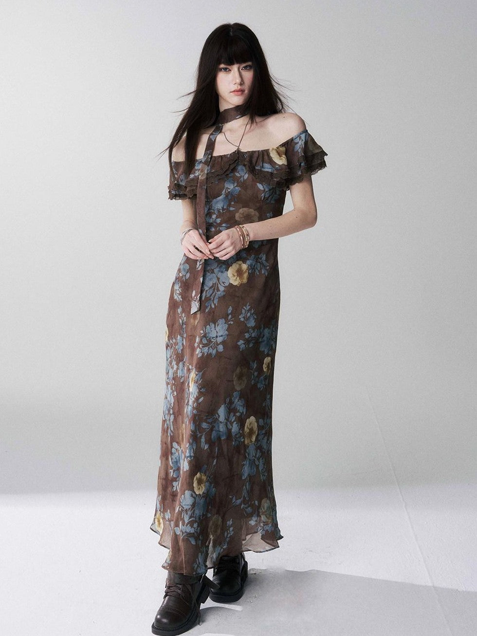 LADYGHOST Ethereal Coffee Floral Off Shoulder Women&