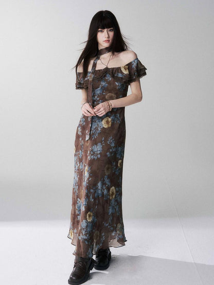 LADYGHOST Ethereal Coffee Floral Off Shoulder Women&
