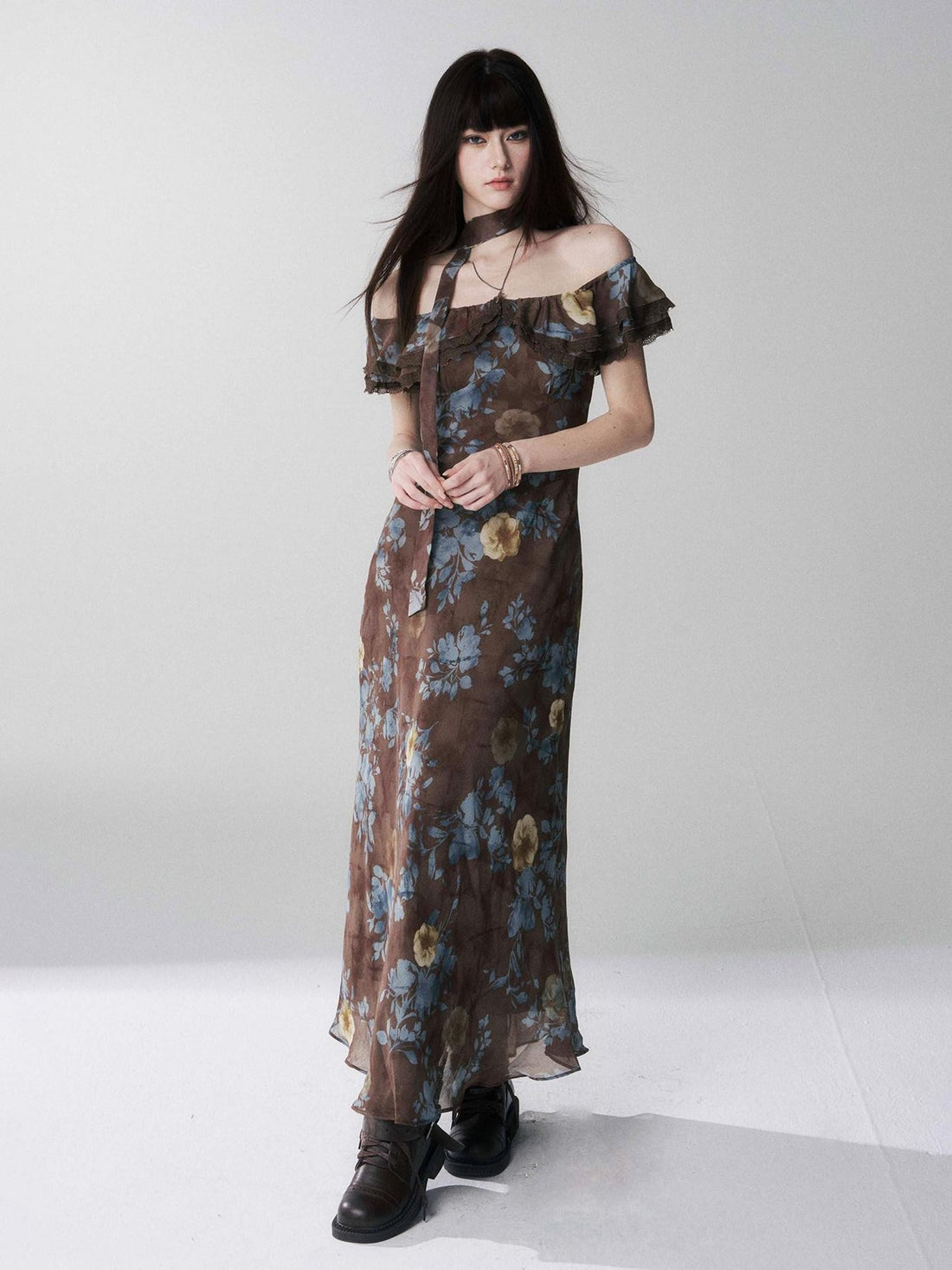 LADYGHOST Ethereal Coffee Floral Off Shoulder Women&