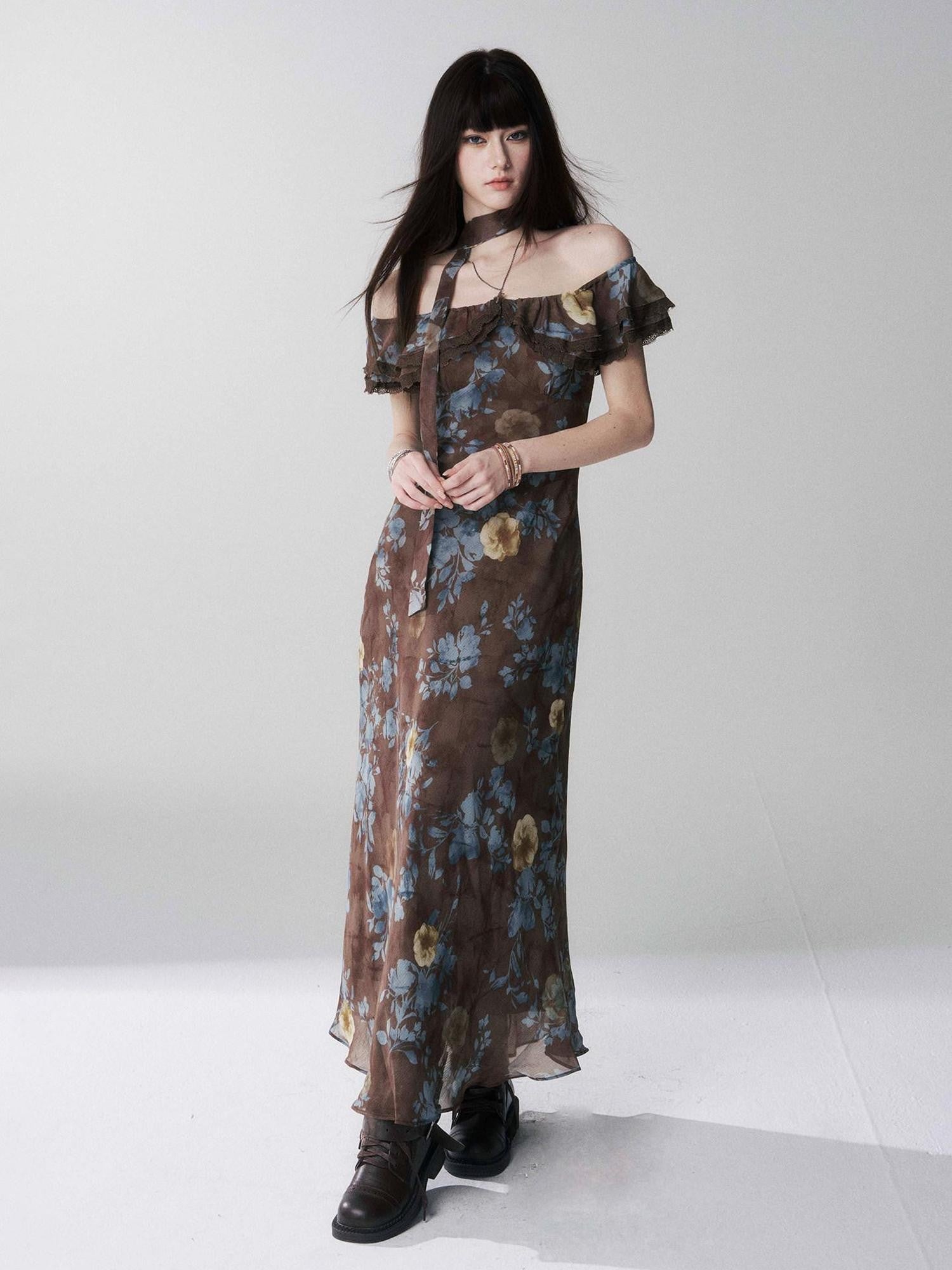 LADYGHOST Ethereal Coffee Floral Off Shoulder Women&