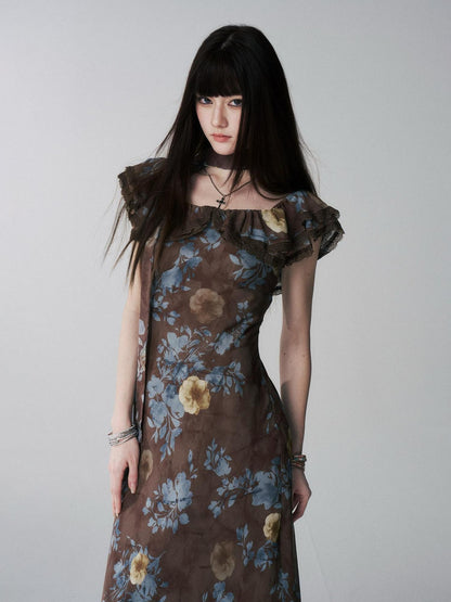 LADYGHOST Ethereal Coffee Floral Off Shoulder Women&