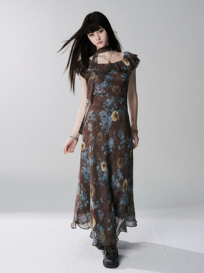 LADYGHOST Ethereal Coffee Floral Off Shoulder Women&
