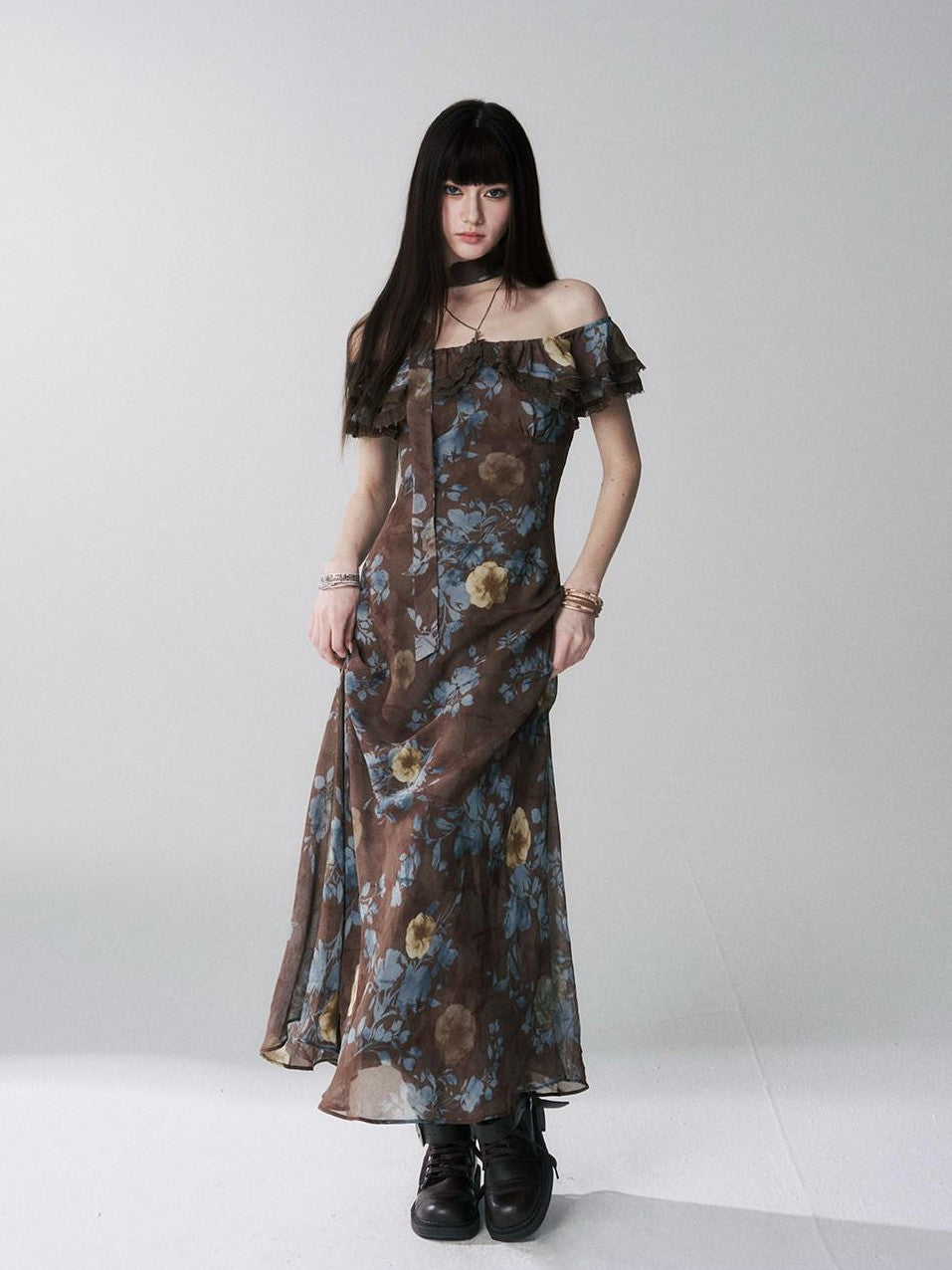 LADYGHOST Ethereal Coffee Floral Off Shoulder Women&