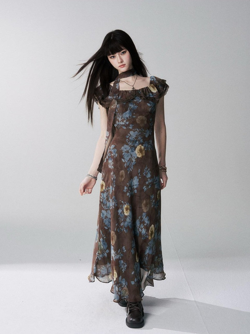 LADYGHOST Ethereal Coffee Floral Off Shoulder Women&