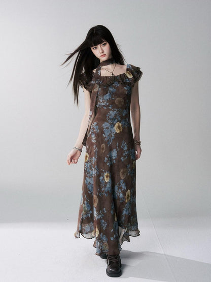 LADYGHOST Ethereal Coffee Floral Off Shoulder Women&