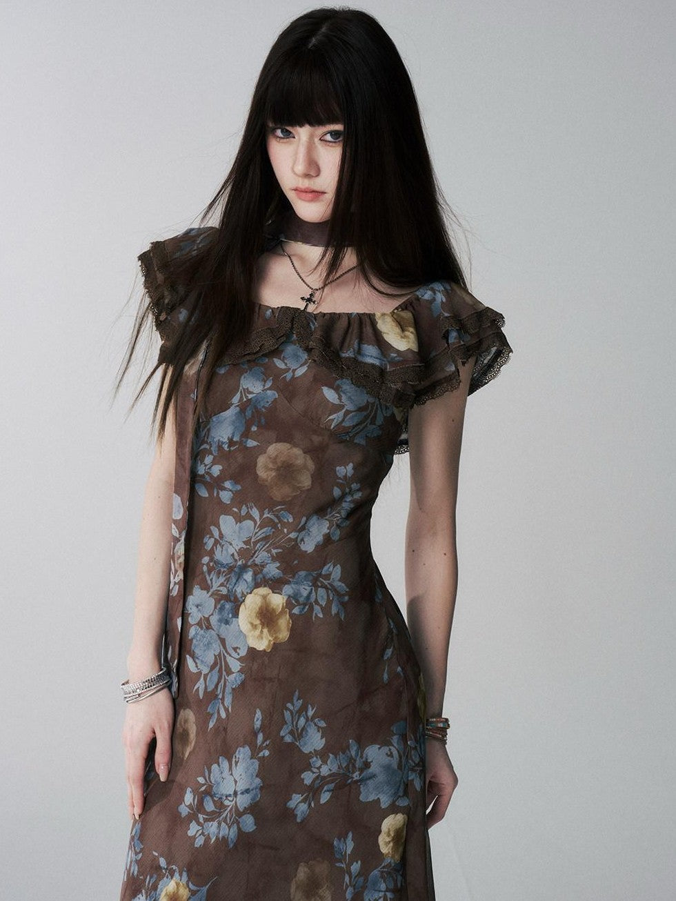 LADYGHOST Ethereal Coffee Floral Off Shoulder Women&