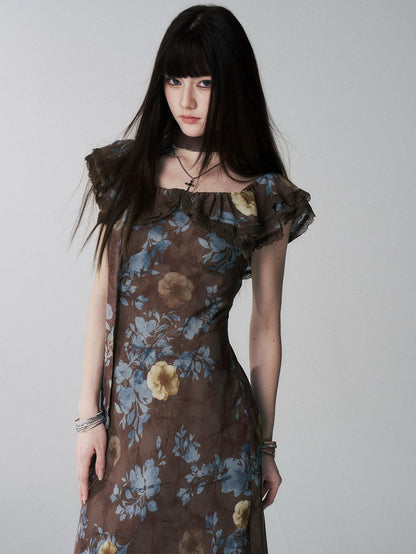 LADYGHOST Ethereal Coffee Floral Off Shoulder Women&