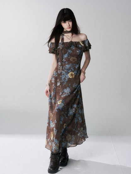 LADYGHOST Ethereal Coffee Floral Off Shoulder Women&