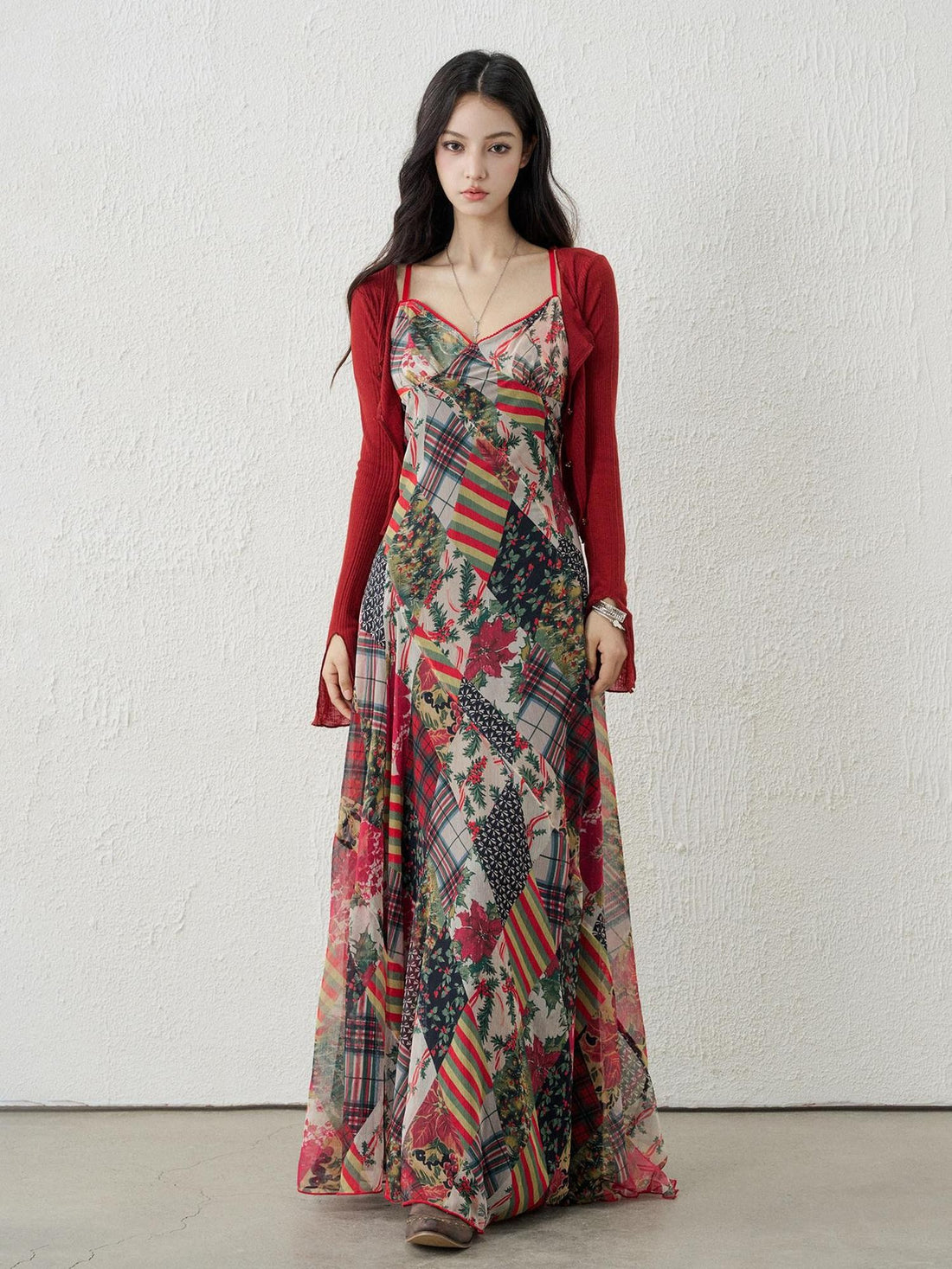 LADYGHOST Ethereal Floral Plaid Backless Spaghetti Strap Women&