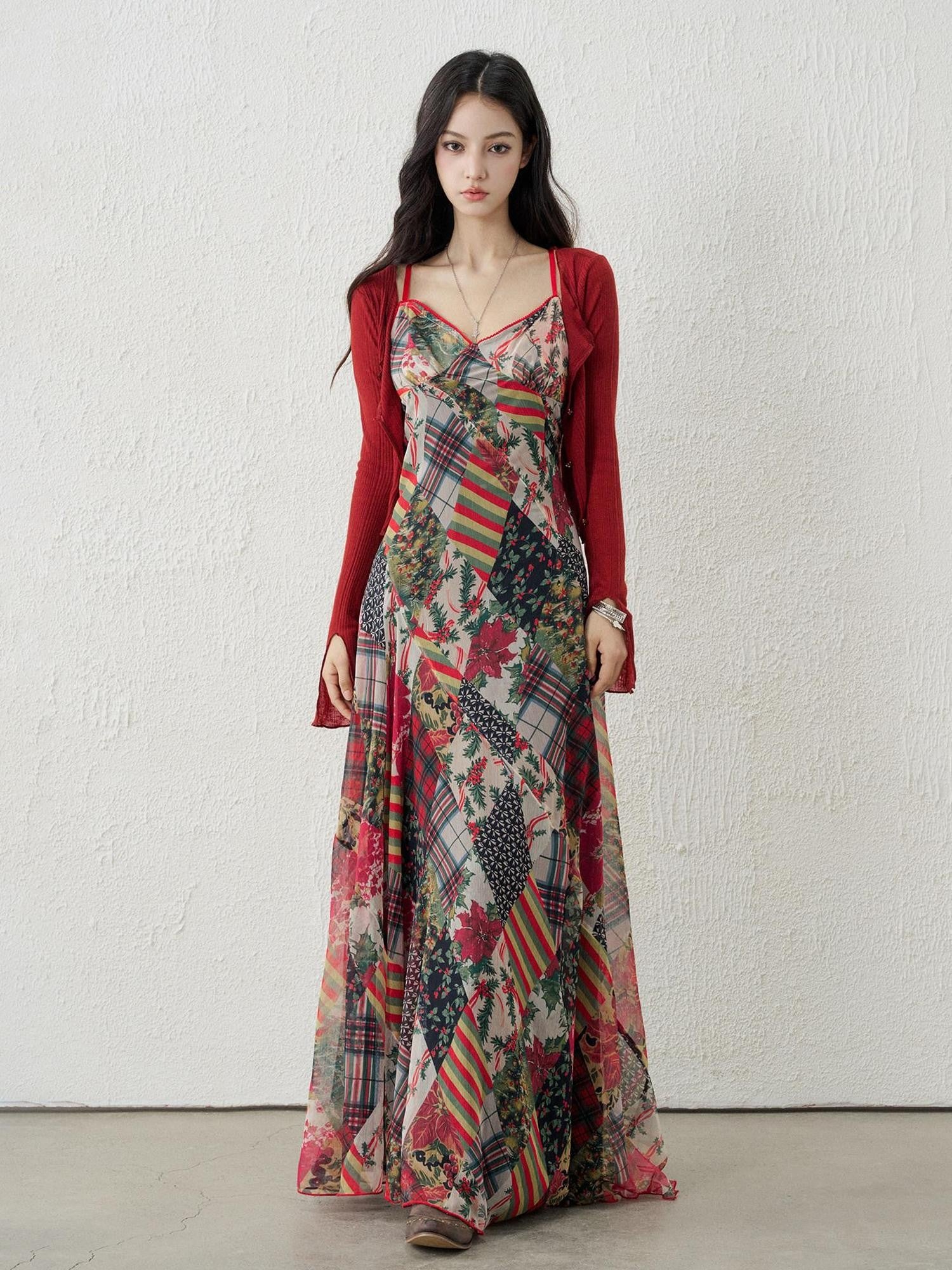 LADYGHOST Ethereal Floral Plaid Backless Spaghetti Strap Women&