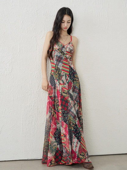 LADYGHOST Ethereal Floral Plaid Backless Spaghetti Strap Women&