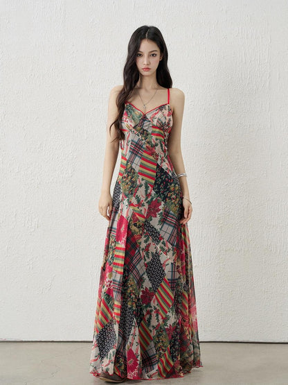 LADYGHOST Ethereal Floral Plaid Backless Spaghetti Strap Women&