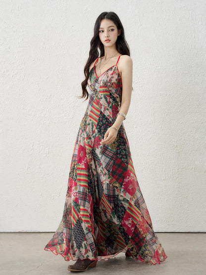 LADYGHOST Ethereal Floral Plaid Backless Spaghetti Strap Women&