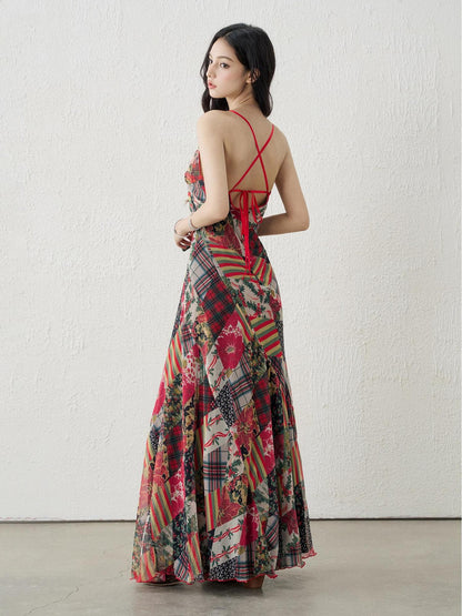 LADYGHOST Ethereal Floral Plaid Backless Spaghetti Strap Women&