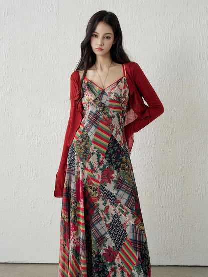 LADYGHOST Ethereal Floral Plaid Backless Spaghetti Strap Women&