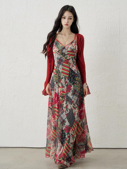 LADYGHOST Ethereal Floral Plaid Backless Spaghetti Strap Women&