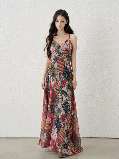 LADYGHOST Ethereal Floral Plaid Backless Spaghetti Strap Women&