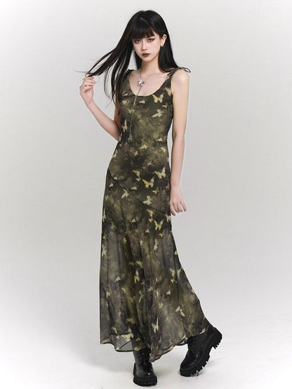 LADYGHOST Ethereal Forest Green Butterfly Spaghetti Strap Women&
