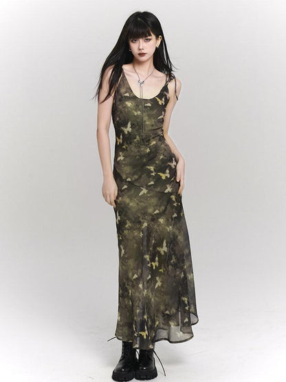 LADYGHOST Ethereal Forest Green Butterfly Spaghetti Strap Women&
