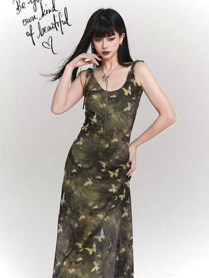 LADYGHOST Ethereal Forest Green Butterfly Spaghetti Strap Women&
