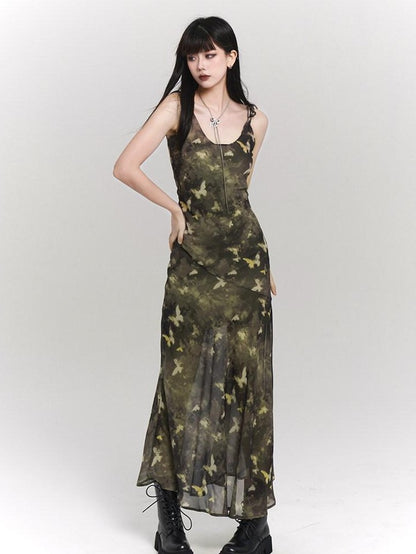 LADYGHOST Ethereal Forest Green Butterfly Spaghetti Strap Women&