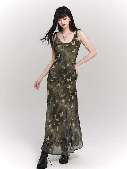LADYGHOST Ethereal Forest Green Butterfly Spaghetti Strap Women&