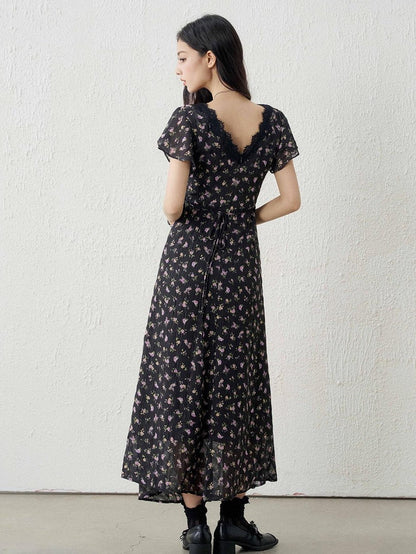 LADYGHOST Ethereal French Black V-neck Floral Women&