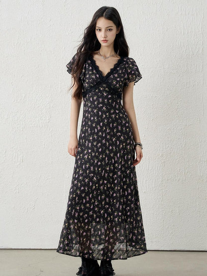 LADYGHOST Ethereal French Black V-neck Floral Women&