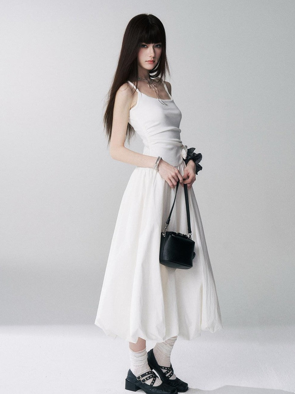 LADYGHOST Ethereal French Cami Strap Cinched Waist Puff White Women&