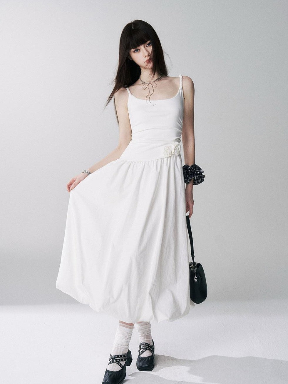 LADYGHOST Ethereal French Cami Strap Cinched Waist Puff White Women&
