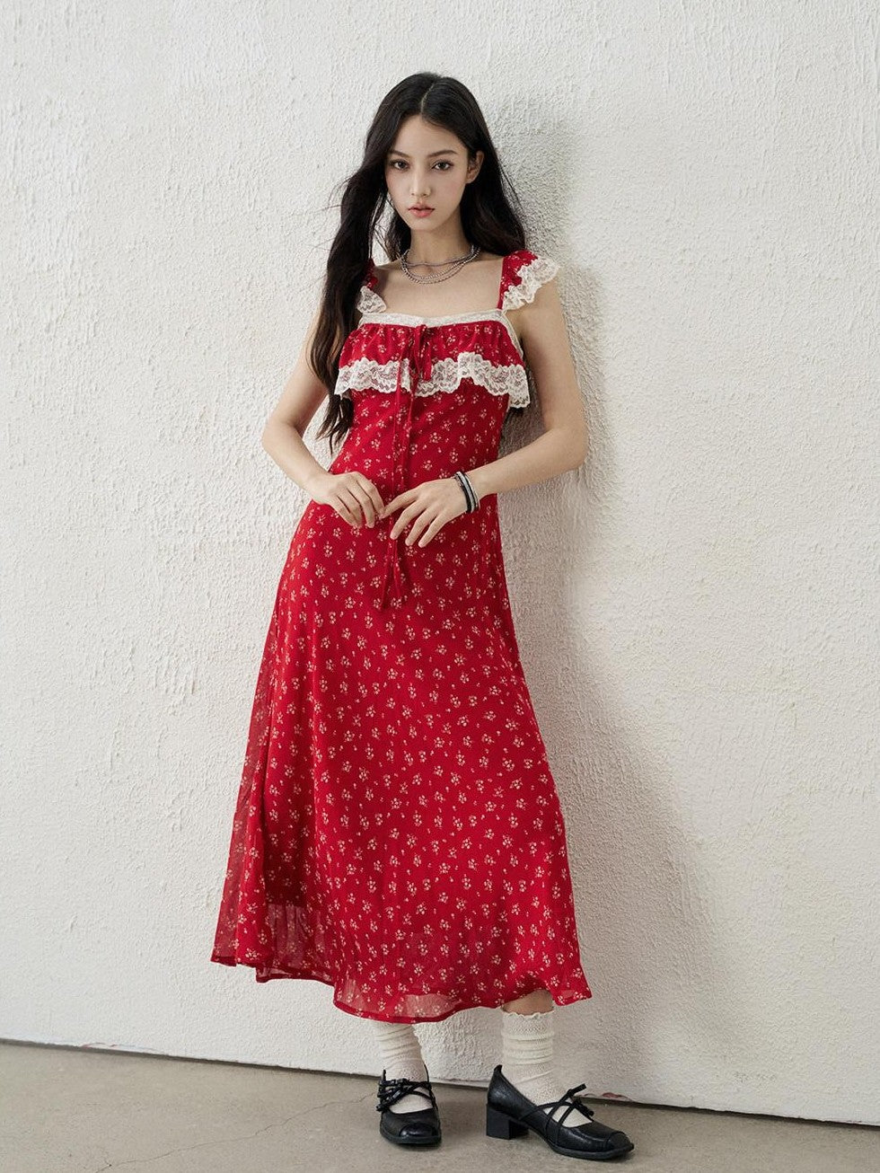 LADYGHOST Ethereal French Red Floral Spaghetti Strap Women&