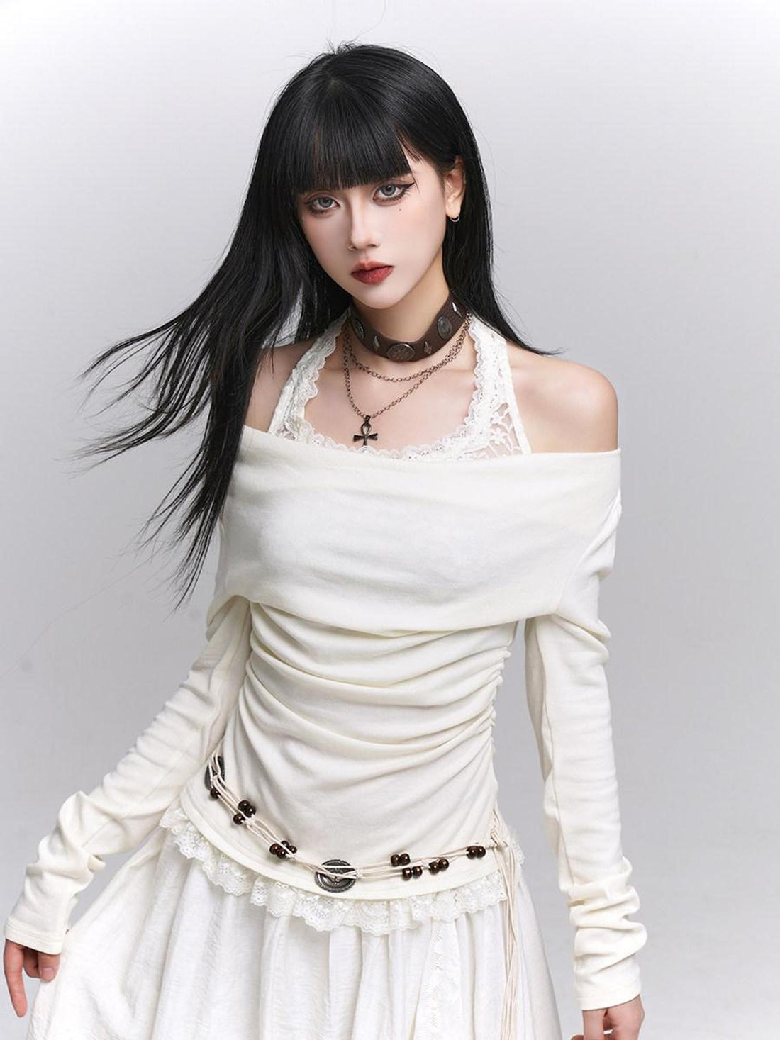 LADYGHOST Ethereal Ghost Faux Layered Off Shoulder Halter Women&