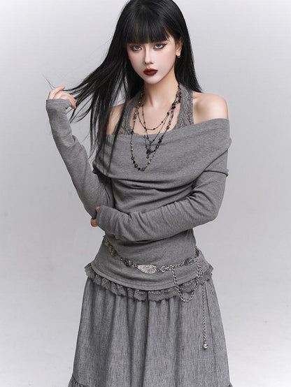 LADYGHOST Ethereal Ghost Faux Layered Off Shoulder Halter Women&