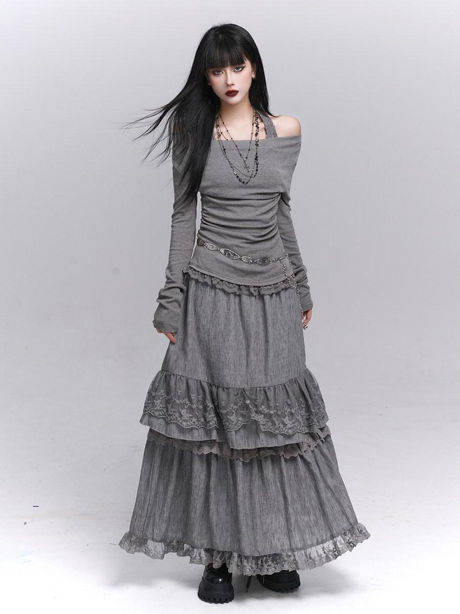 LADYGHOST Ethereal Ghost Faux Layered Off Shoulder Halter Women&