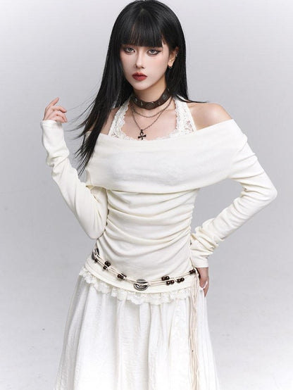LADYGHOST Ethereal Ghost Faux Layered Off Shoulder Halter Women&