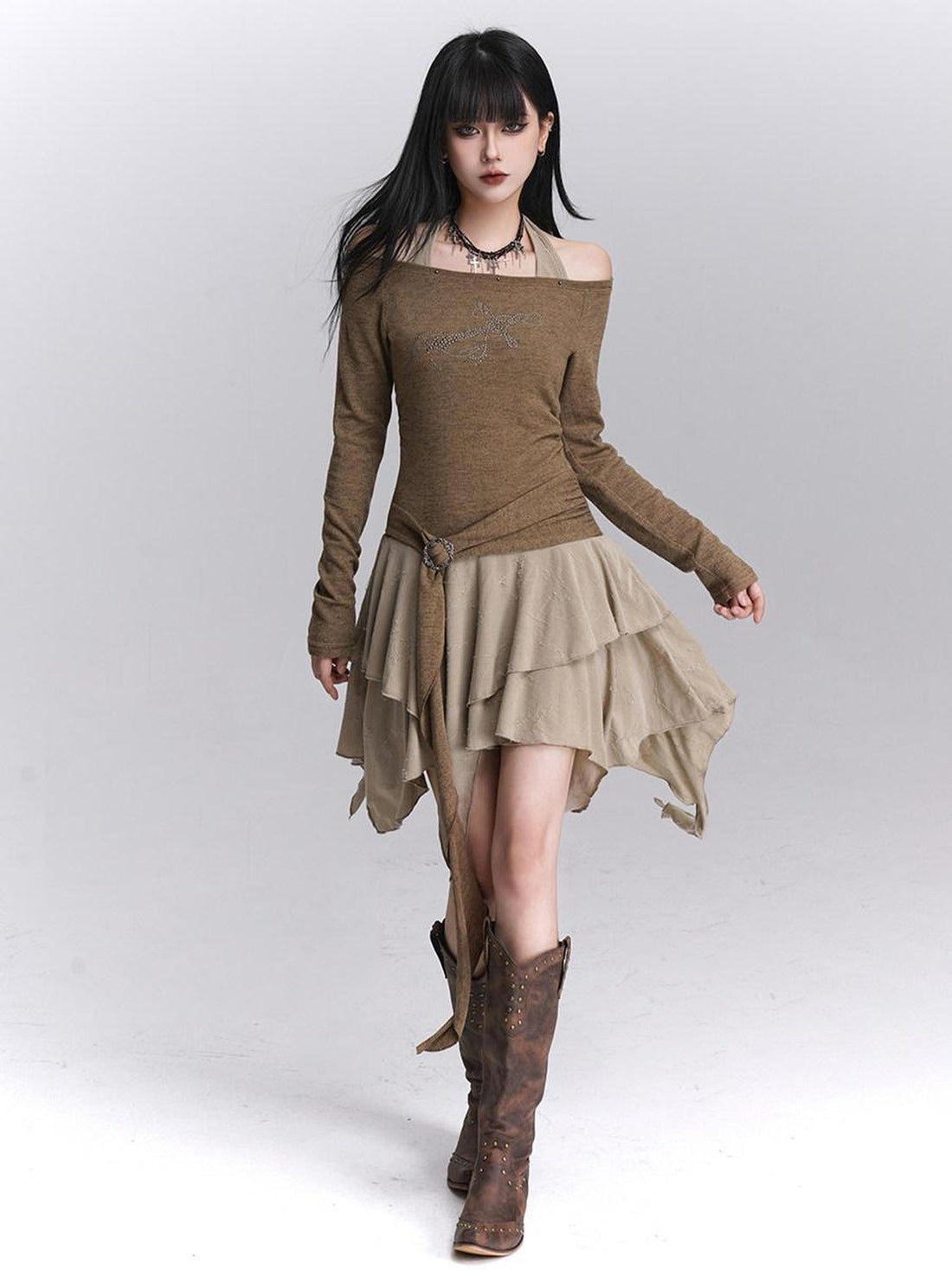 LADYGHOST Ethereal Ghostly Mock Two Piece One Shoulder Women&