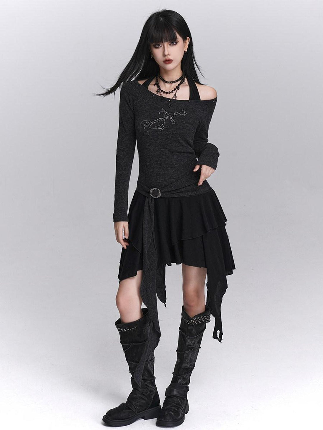 LADYGHOST Ethereal Ghostly Mock Two Piece One Shoulder Women&