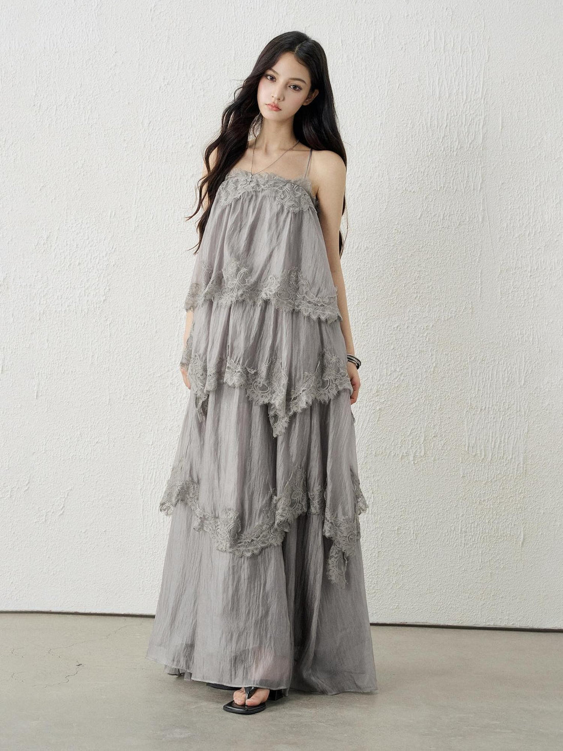 LADYGHOST Ethereal Gray Backless Spaghetti Strap Tiered Ruffle Women&